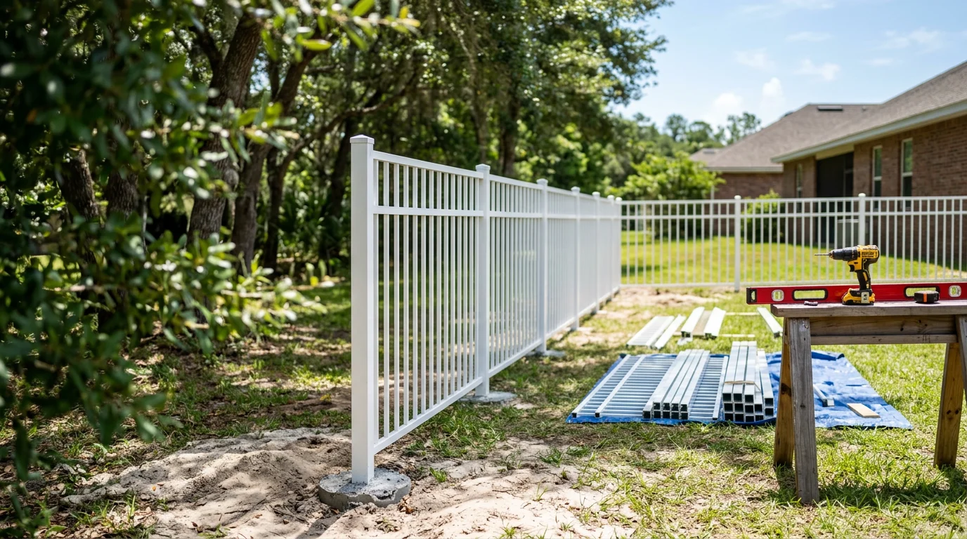 Aluminum picket fence installed along the backyard perimeter of a residential property in Jacksonville, Florida. The fence features evenly spaced vertical pickets with a clean black powder-coated finish suited for Florida's humid climate.