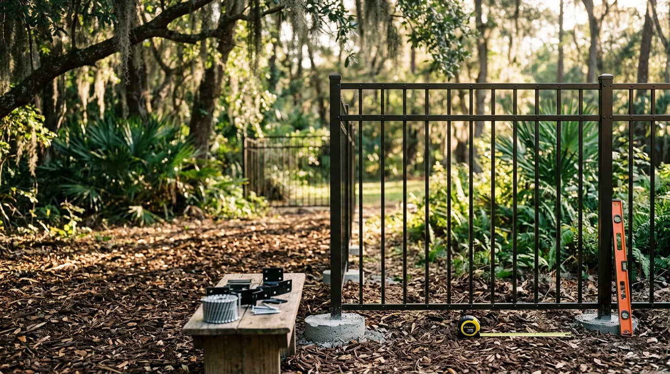 Newly installed black aluminum picket fence surrounding a residential backyard in Jacksonville, Florida. The fence includes a self-closing gate and runs along a grassy yard under a clear Florida sky.