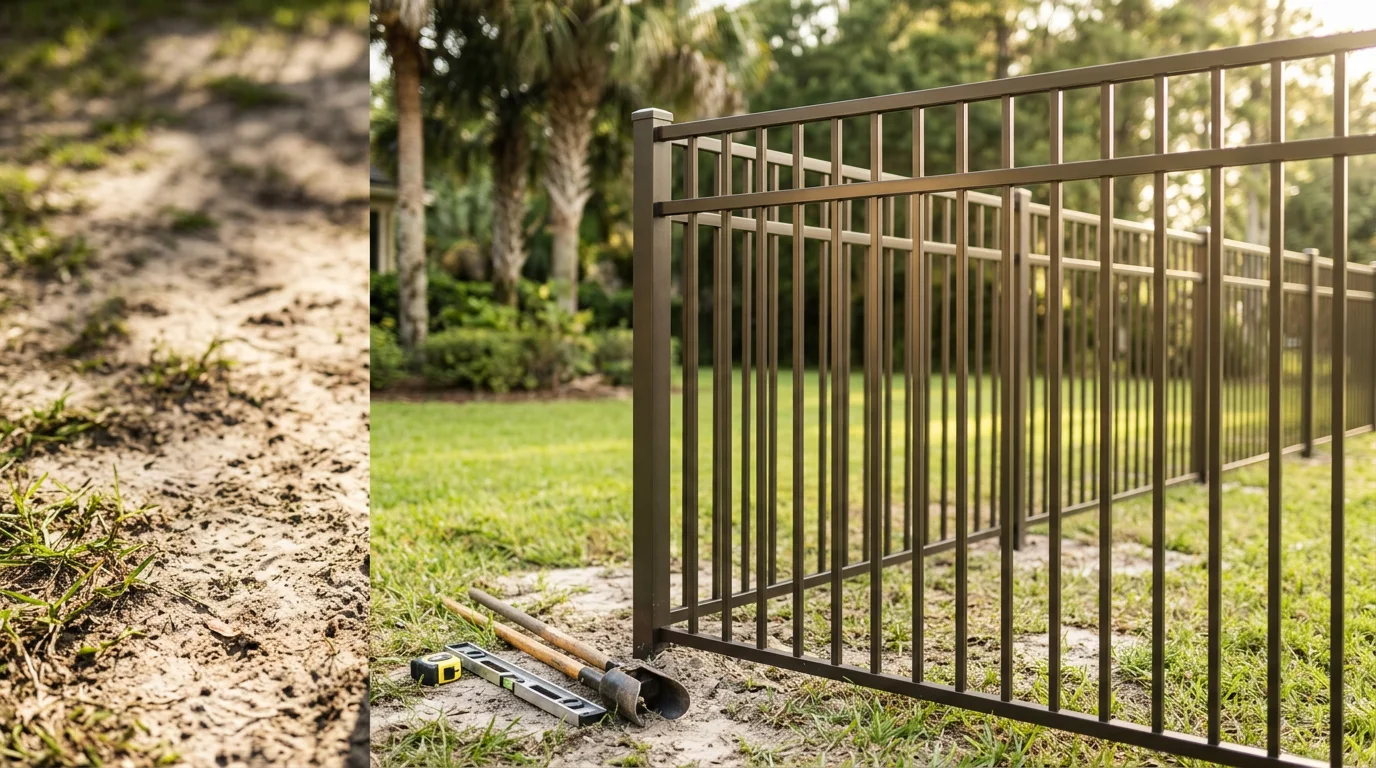 Aluminum fence with black picket panels installed along the backyard of a residential property in Jacksonville, Florida. The open-picket design provides a clear view of a green lawn under bright Florida sunlight.