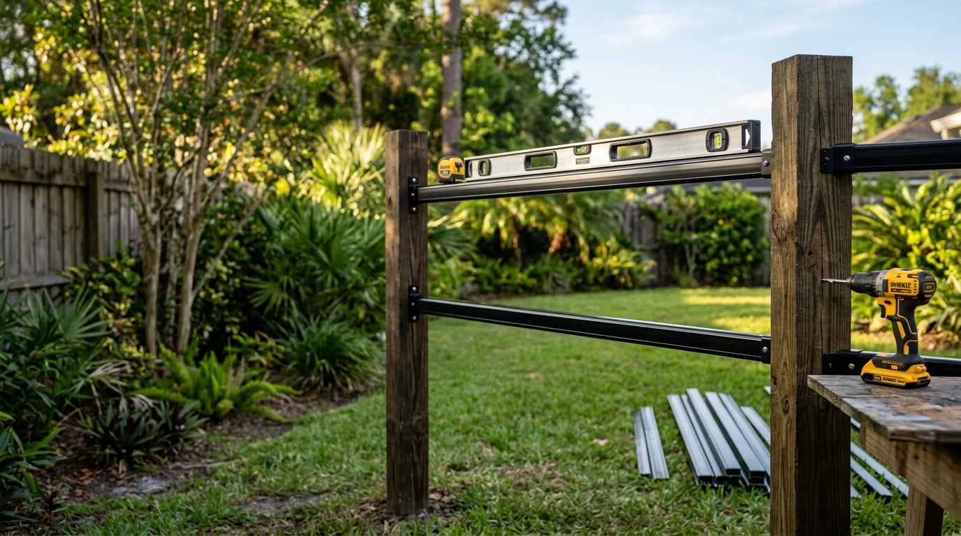 Aluminum rail fence installed along the front yard of a Jacksonville residential property, with a powder-coated black finish and open picket design. Green lawn and a single-story Florida home visible in the background.
