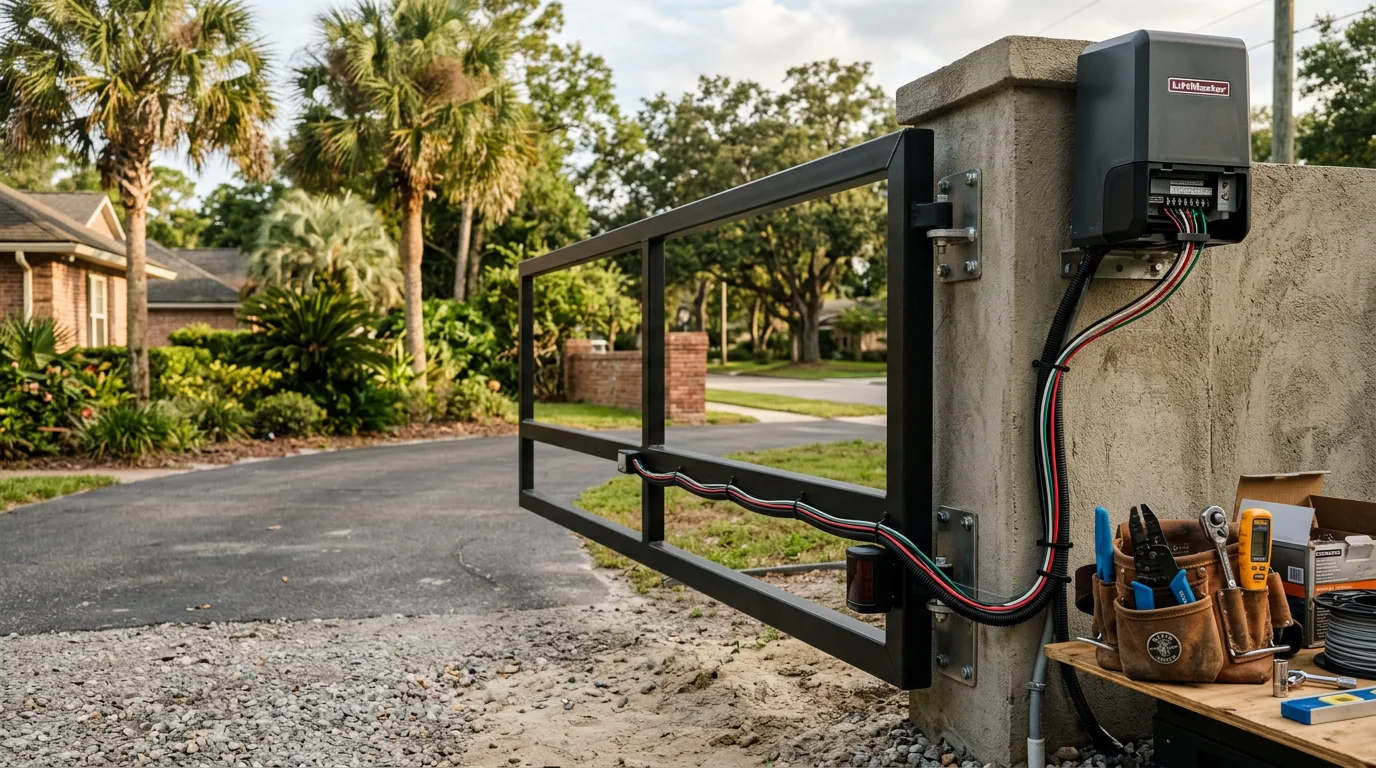 A black metal automatic swing gate installed at the entrance of a residential driveway in Jacksonville, Florida. The gate is mounted to a brick column with a keypad access panel visible on the left post.