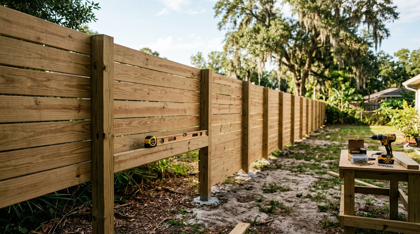 A six-foot privacy fence installed along the back yard of a residential home in Jacksonville, Florida. The fence runs the full width of the property with a closed gate, enclosing a grassy yard on a sunny day.
