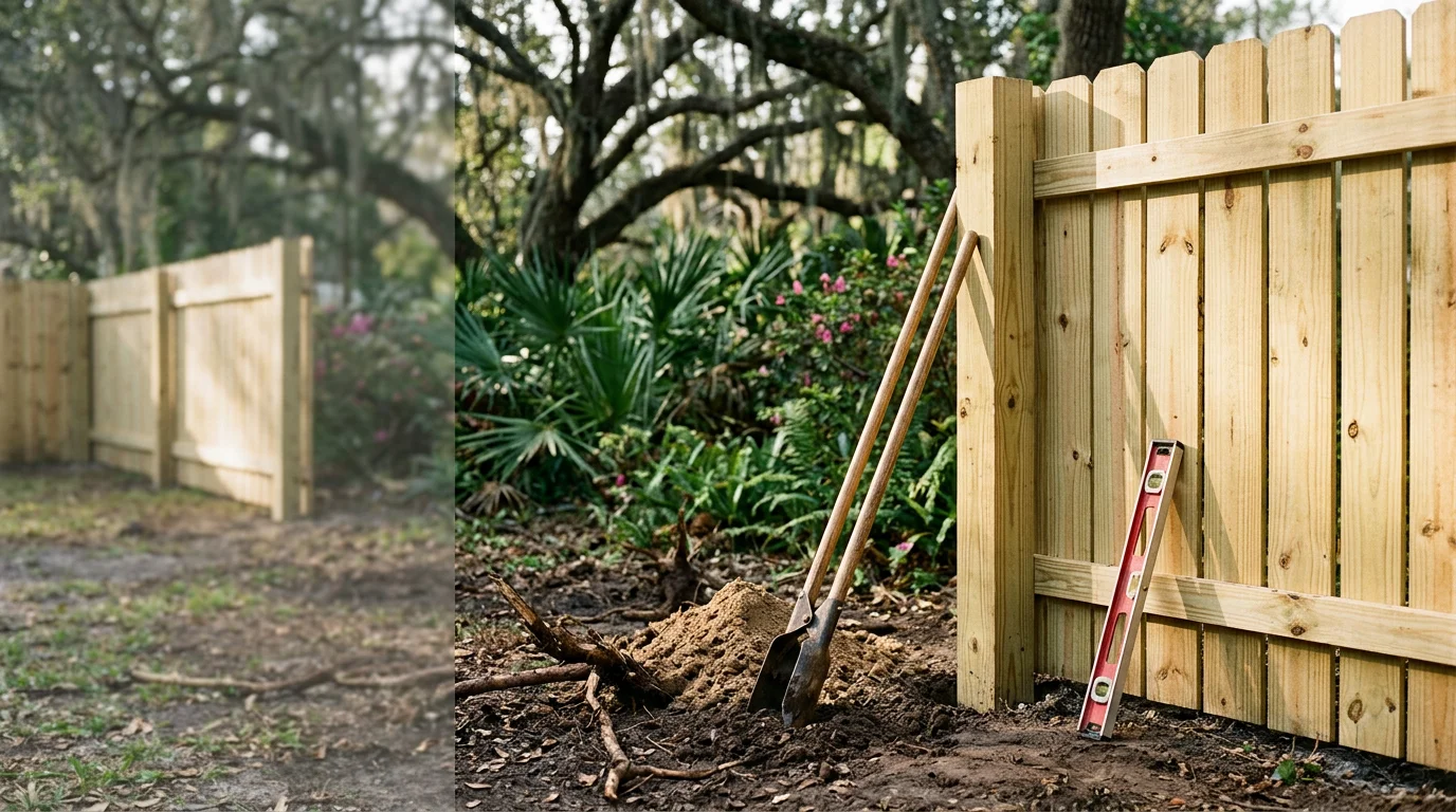 A tall wooden privacy fence enclosing a residential backyard in Jacksonville, Florida, with green grass and a clear blue sky visible above the fence line. The fence posts are set straight along a defined property boundary in a suburban neighborhood.