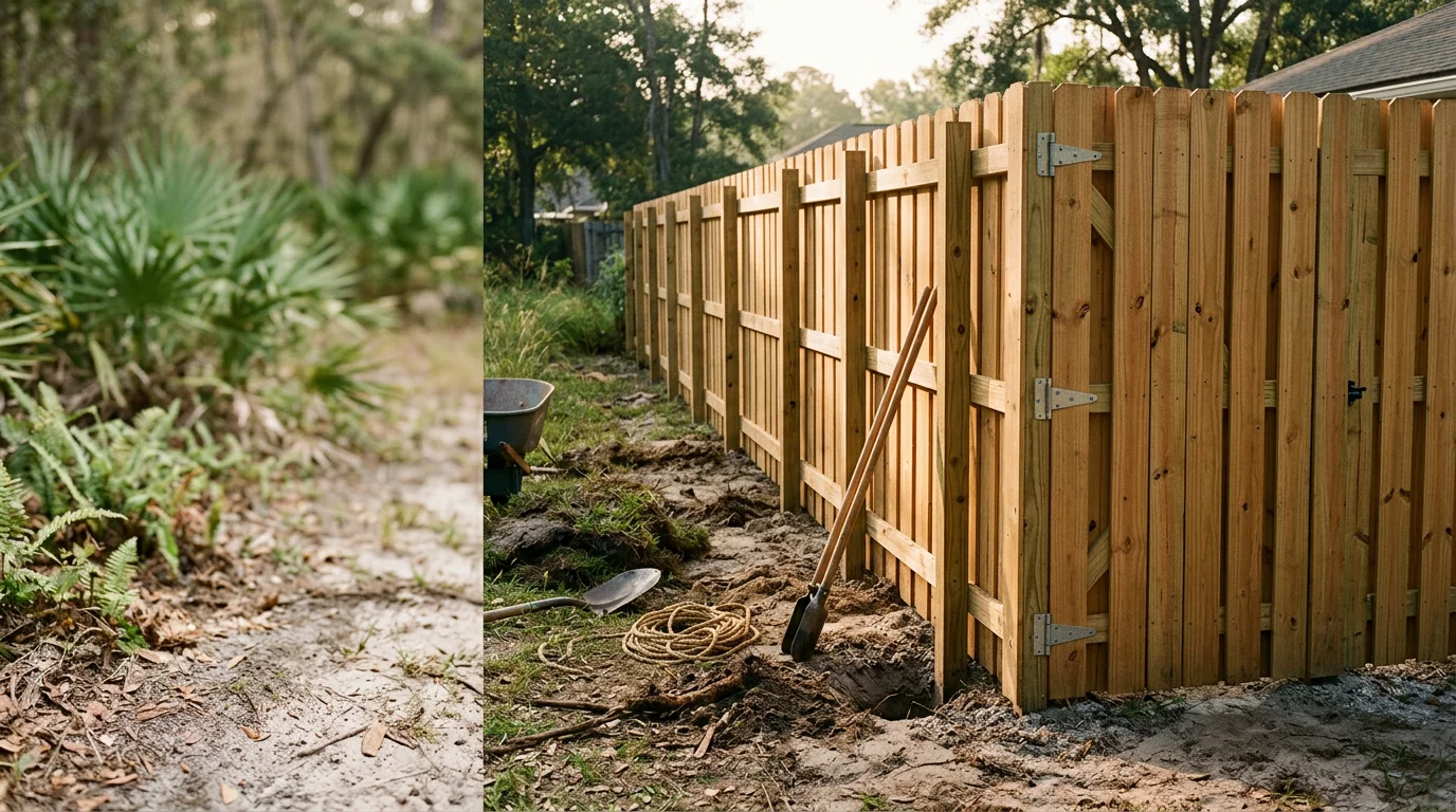A residential fence installed by H&W Fence Co along a Jacksonville-area backyard property line, with a clean gate and posts set in Florida soil. The fence line runs the full perimeter of a family home in a neighborhood typical of the Jacksonville and Orange Park area.