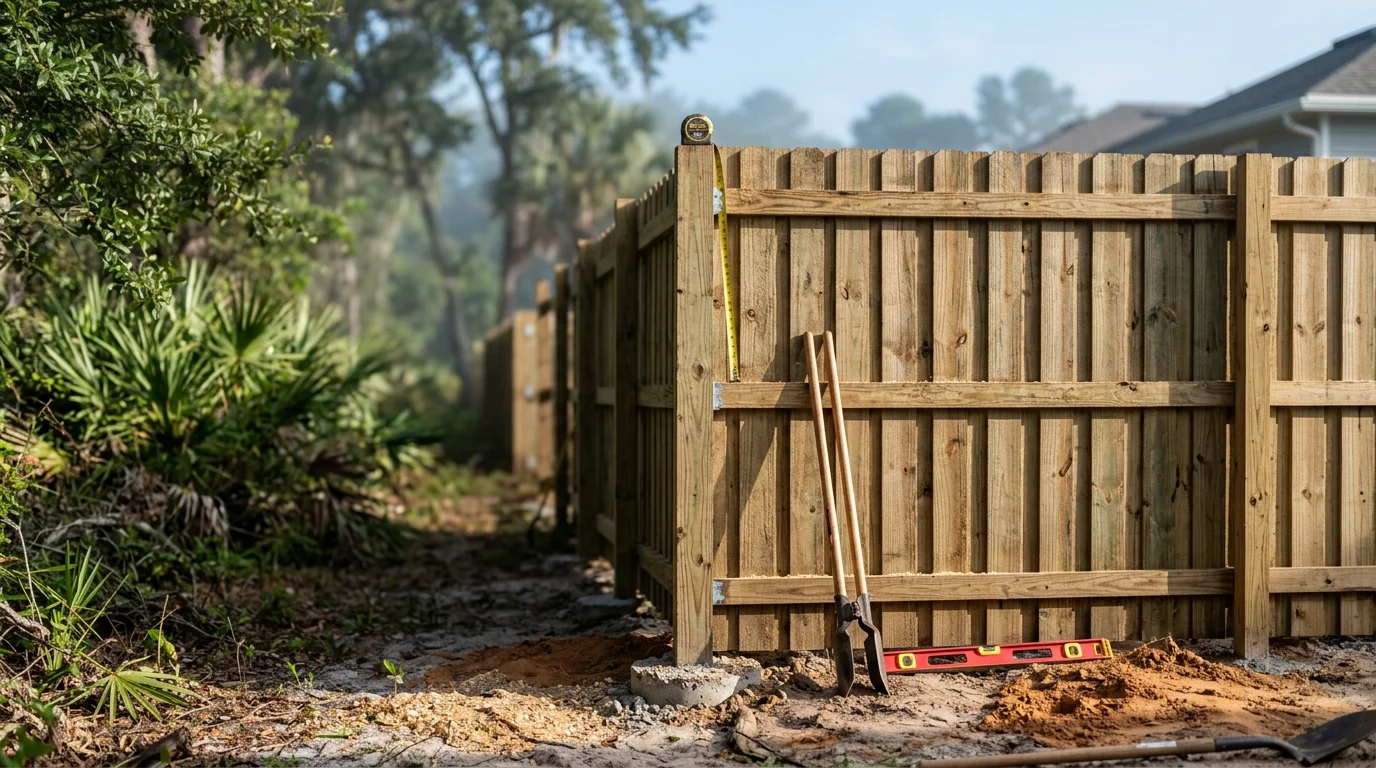 A completed residential fence installation in a Jacksonville, Florida backyard, showing a solid privacy fence along a green lawn on a sunny North Florida day. The fence runs the full length of the property line in a suburban neighborhood served by H&W Fence Co.