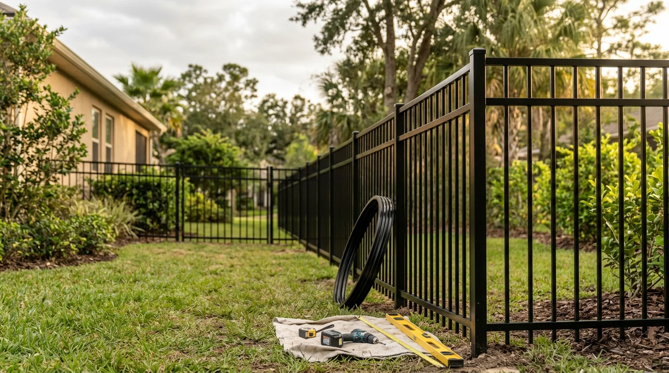 Black aluminum fence installed along the backyard of a Jacksonville home, with clean picket lines and a powder-coated finish visible under bright Florida sun. The open-picket panels run along a residential property line in a neighborhood typical of the greater Jacksonville area.