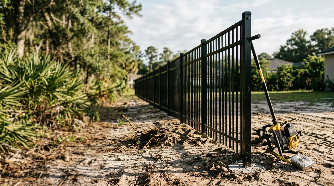 A black metal picket fence installed along the front yard of a residential property in Jacksonville, Florida. The fence features evenly spaced vertical pickets with a flat top rail, set against a green lawn under a clear Florida sky.