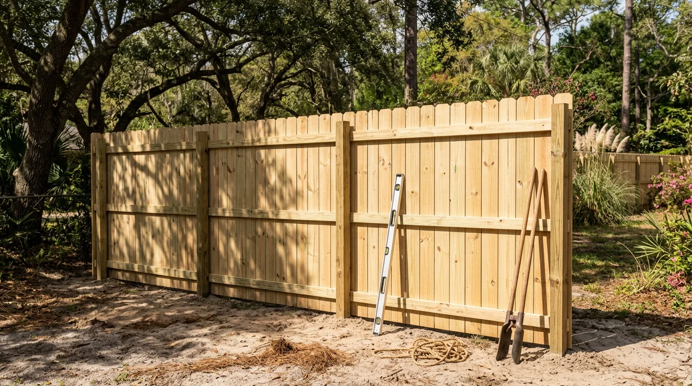 A tall wood board fence installed along the backyard of a residential property in Jacksonville, Florida. Evenly spaced vertical boards form a solid privacy barrier with a clean, finished appearance on a sunny day.