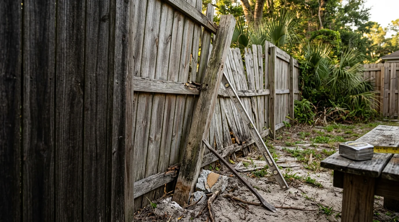 A repaired wood privacy fence in a Jacksonville backyard with replaced boards and a reset post, showing a straight, secure fence line after storm damage. The surrounding yard reflects a typical Northeast Florida residential property.