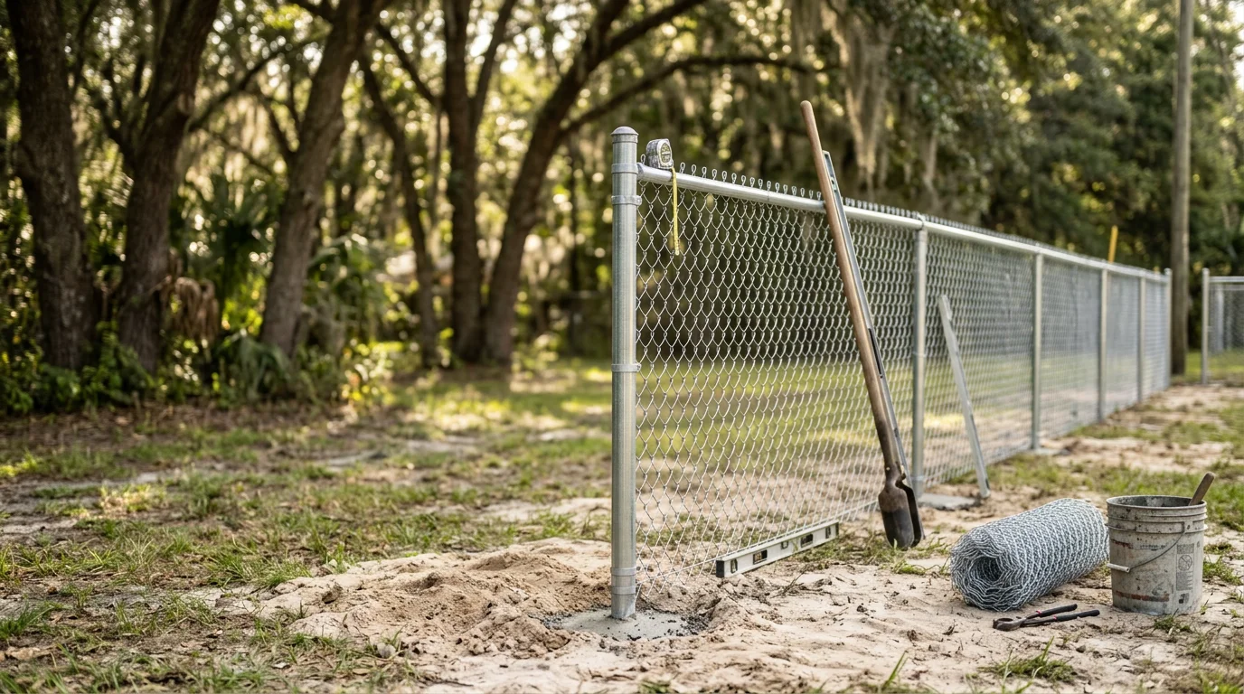A freshly installed galvanized chain link fence running along the backyard perimeter of a residential property in Jacksonville, Florida. The fence line is straight and taut with concrete-set posts visible at the corners.
