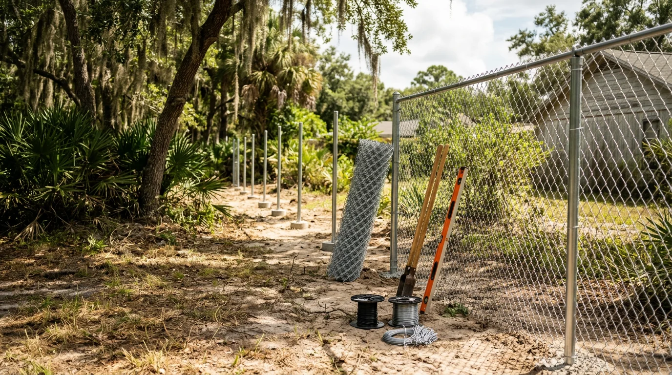 A galvanized chain link fence installed around a residential backyard in Jacksonville, Florida, with green grass and a clear sky visible through the mesh. The fence runs along a straight property line with concrete-set posts and a latched gate entry.