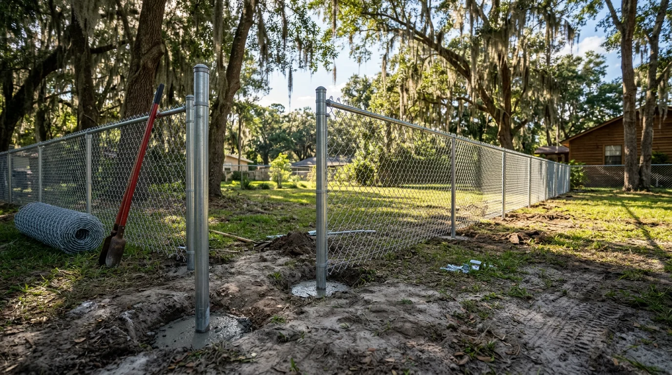 Newly installed chain link fence running along the backyard of a Jacksonville, Florida residential property. Steel posts are set in concrete with clean mesh stretched evenly across the full fence line.