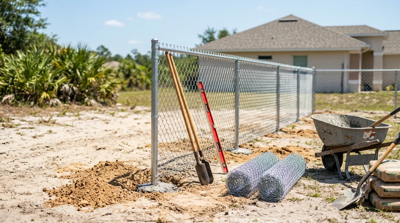 Newly installed chain link fence enclosing a residential backyard in Jacksonville, Florida, with concrete-set steel posts and taut galvanized mesh running along the property line. The fence borders a green lawn typical of Duval County neighborhoods, with a single gate visible on the side yard.