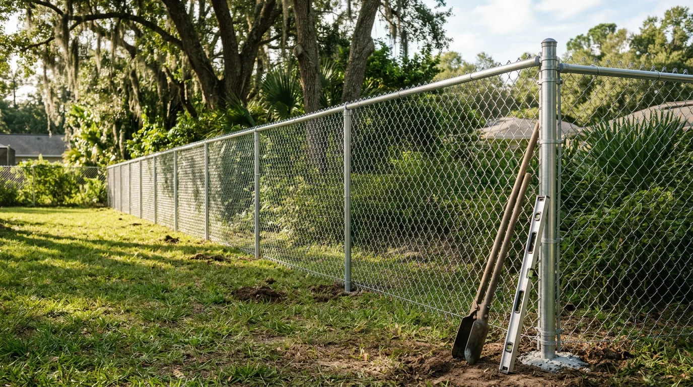 Galvanized chain link fence installed along the backyard of a residential property in Jacksonville, Florida. Steel mesh runs between concrete-set posts with a secure gate visible on the side of the yard.
