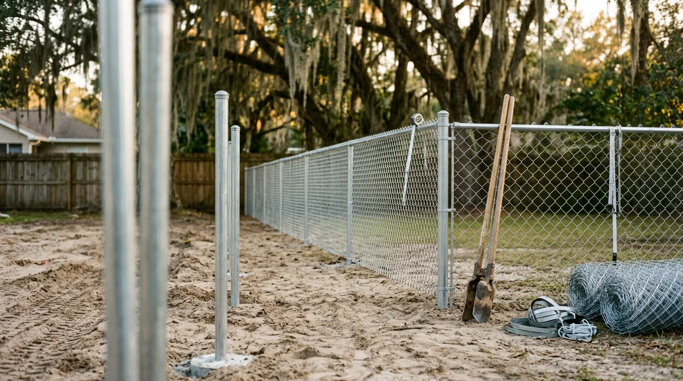 A galvanized chainlink fence with a swing gate installed along the backyard perimeter of a residential property in Jacksonville, Florida. The steel mesh stands straight and rust-free against a sunny Florida sky.