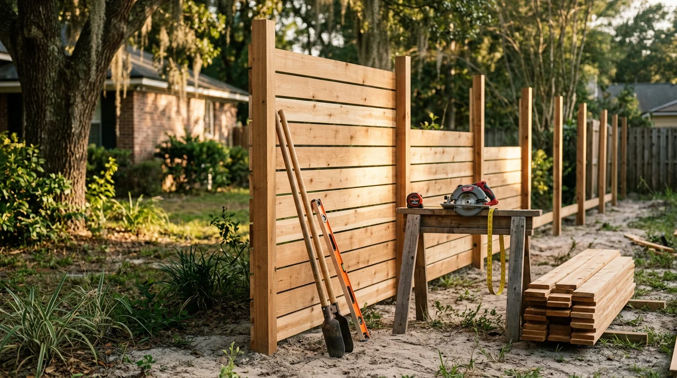 A custom wood privacy fence built by H&W Fence Co along the backyard boundary of a residential property in Jacksonville, Florida. The fence runs along a grassy yard with a clean gate entry, showing straight posts and tight panel construction suited to Florida's climate.