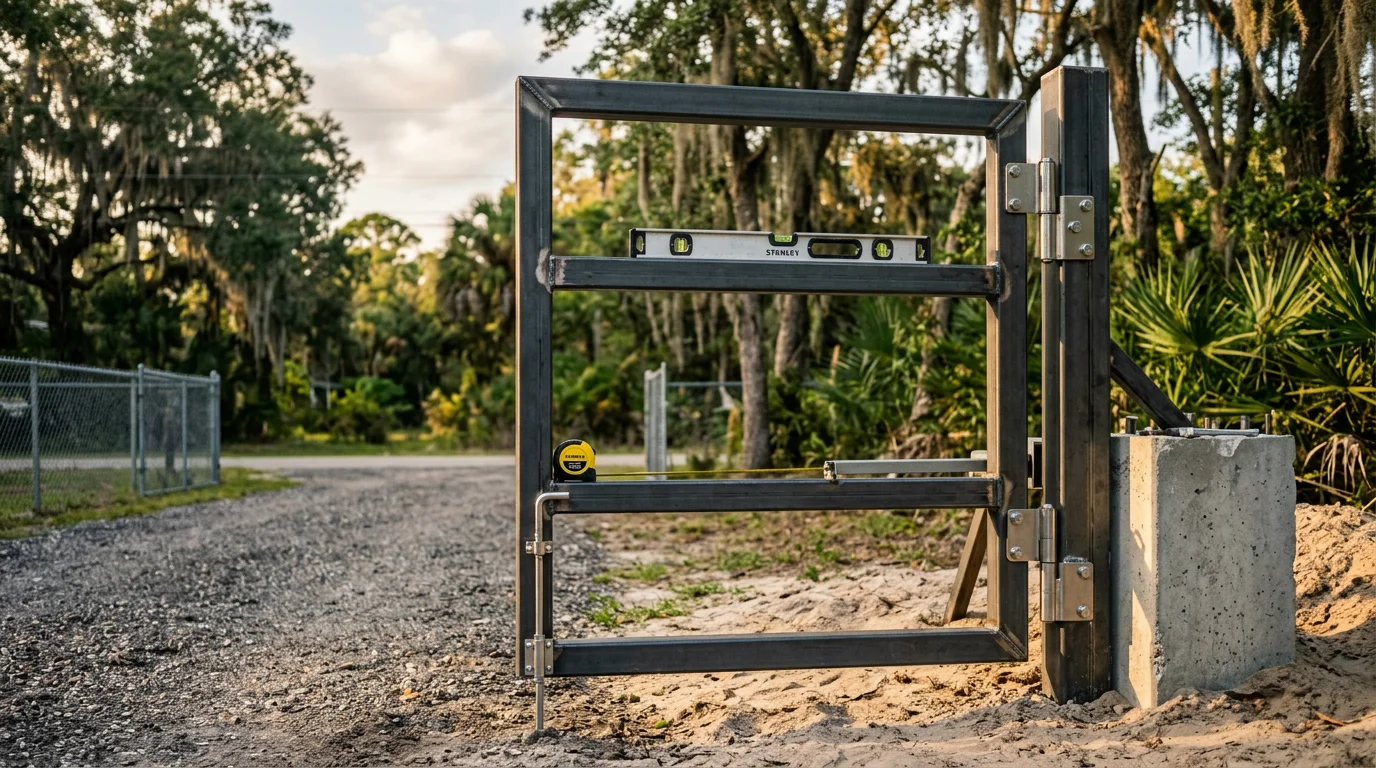 A customized wooden driveway gate installed at a residential property in Jacksonville, Florida, with a matching fence line visible along the front yard. The gate features a solid-panel design with heavy-duty hardware suited for Florida's humid, storm-prone climate.
