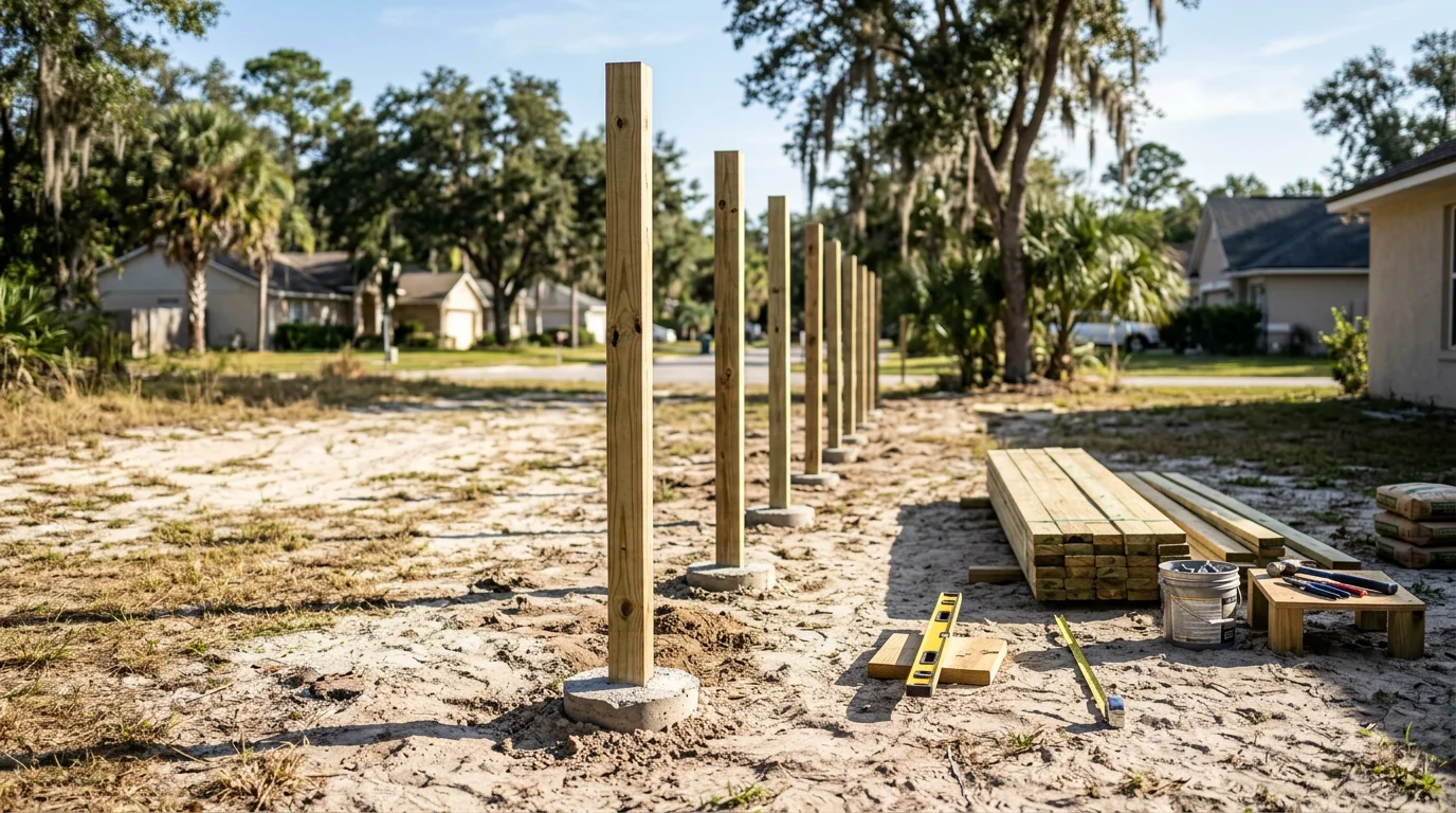 A newly installed wood privacy fence along the backyard of a residential property in Jacksonville, Florida. The fence runs the full length of the yard with evenly spaced posts and a clean gate entry, set against a sunny Florida sky.