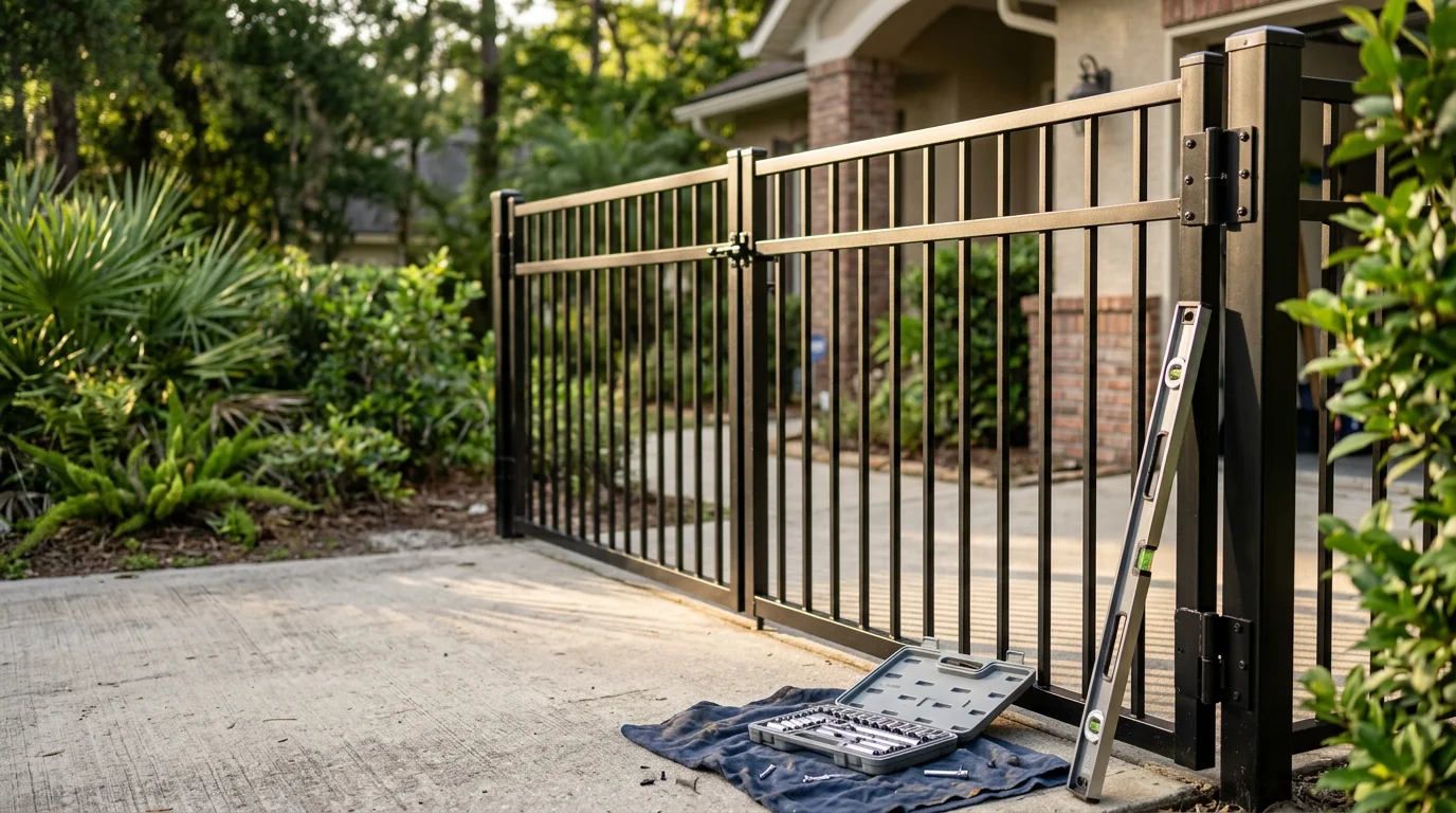 A double drive gate installed across a residential driveway in Jacksonville, Florida, with both panels latched at center and deep-set posts anchored along a privacy fence line.