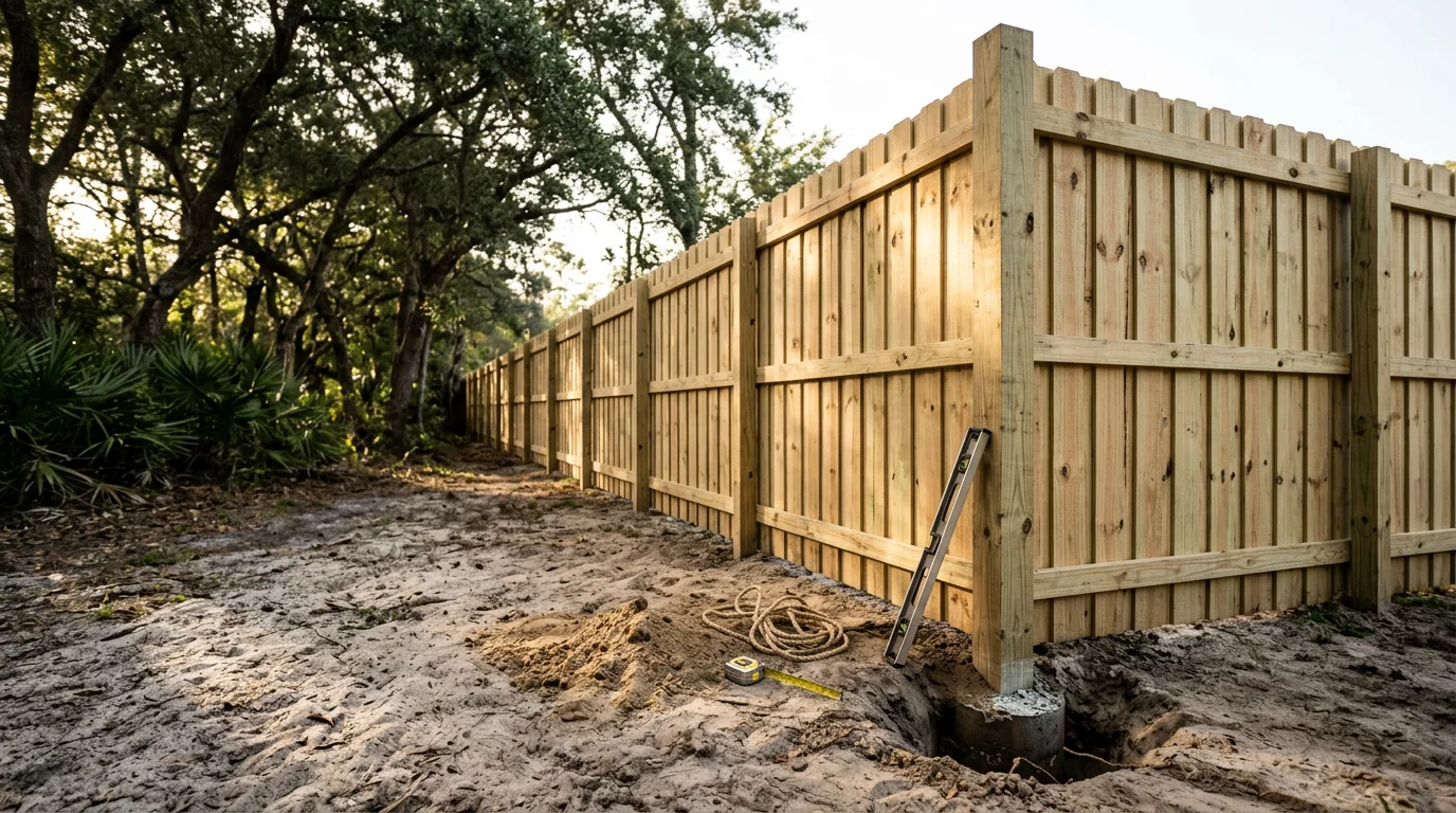 A newly built wooden privacy fence surrounding a residential backyard in Jacksonville, Florida, with a clear blue sky and mature trees visible in the background. The fence posts are set straight and level on a grass lawn typical of a Duval County home.