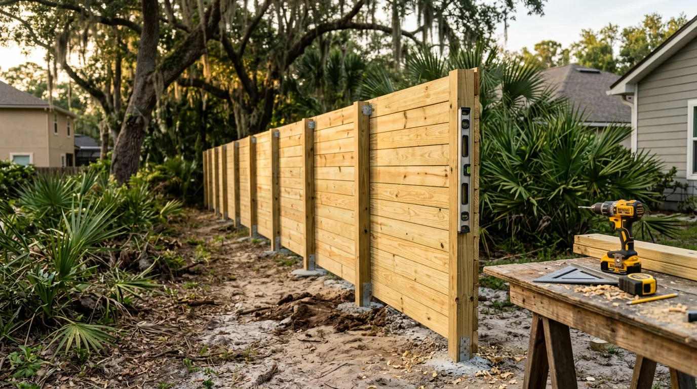 A completed wood privacy fence installed in a residential backyard in Jacksonville, Florida, with green lawn and a clear blue sky visible above the fence line. The fence posts are set in concrete footings suited for Florida's storm season conditions.