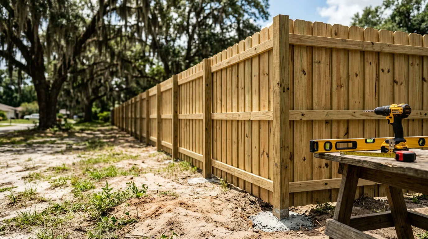 A newly installed fence along the backyard of a Jacksonville, Florida home with green grass and mature trees visible. The fence line runs straight and level across a residential lot typical of neighborhoods like Mandarin or Orange Park.