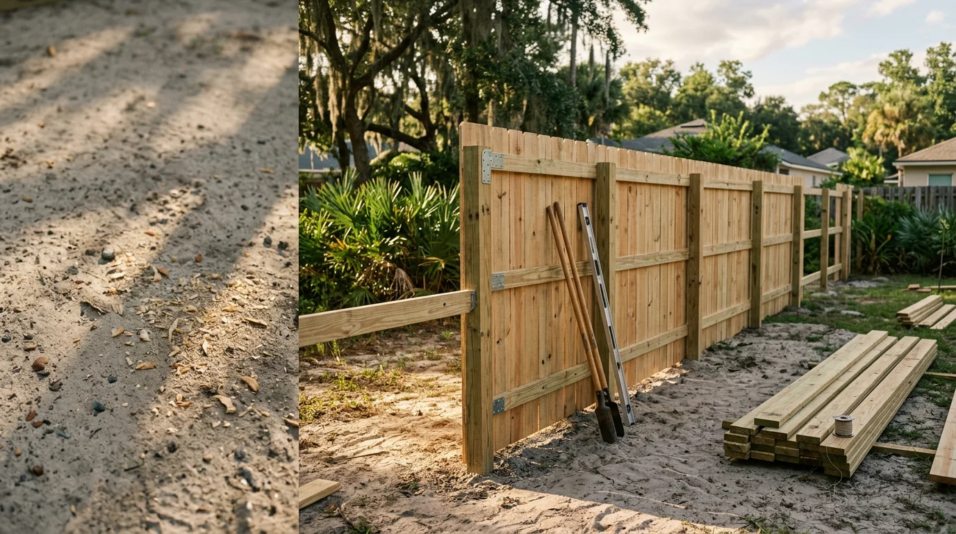 A newly installed wood privacy fence in a Jacksonville, Florida backyard, with green grass and a clear blue sky visible above the fence line. The fence runs along the full perimeter of a residential lot in the Jacksonville area.