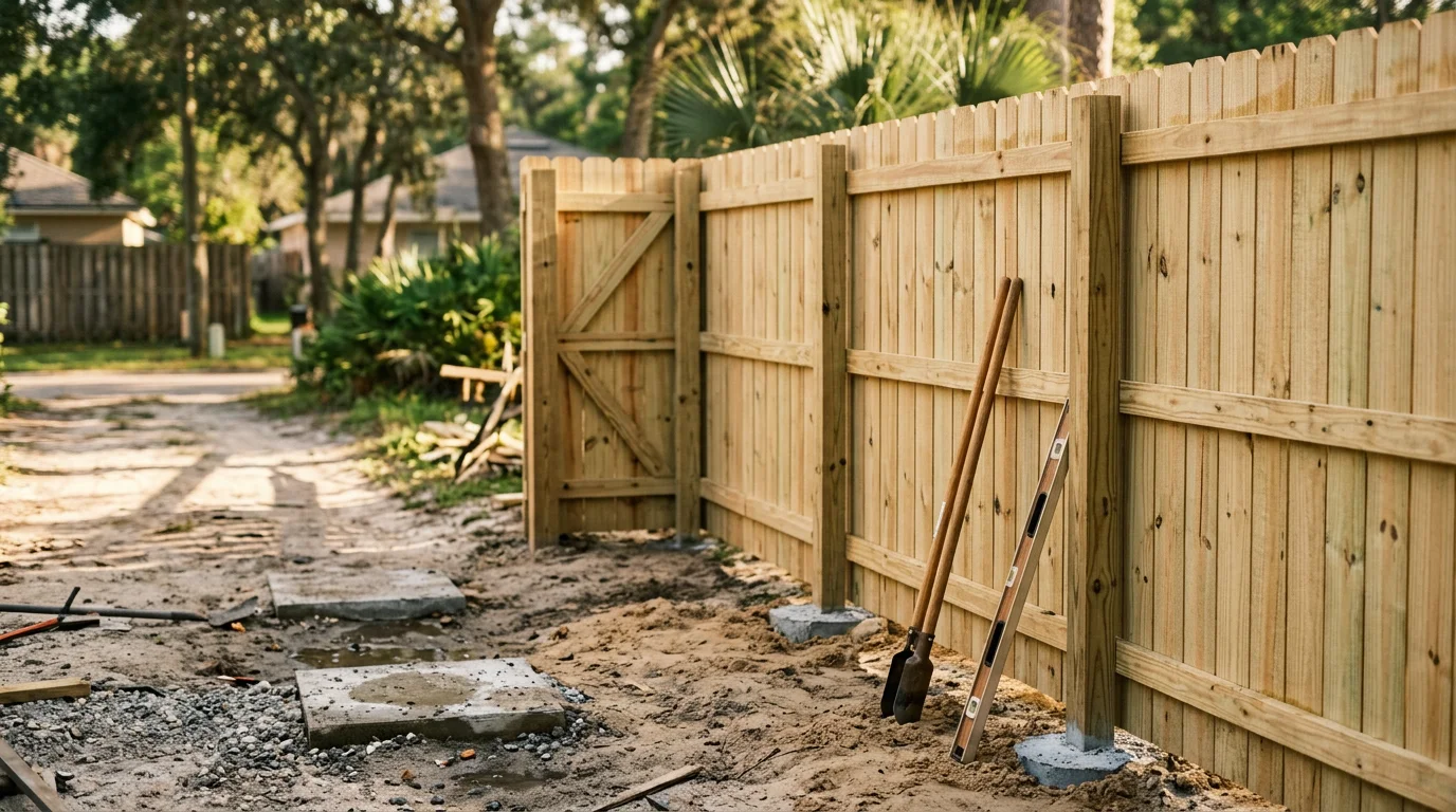 A newly constructed wooden privacy fence along the backyard boundary of a residential property in Jacksonville, Florida. The fence posts are set straight and level with a clean panel line running the length of the yard.