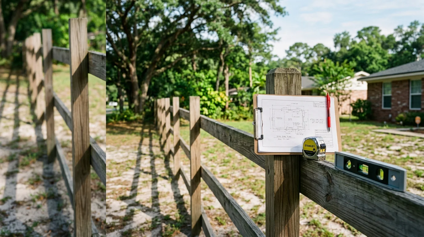 A fence contractor from H&W Fence Co walking a residential property line in Jacksonville during a fence consultation. The homeowner stands nearby as the contractor reviews the yard layout and discusses fencing options.