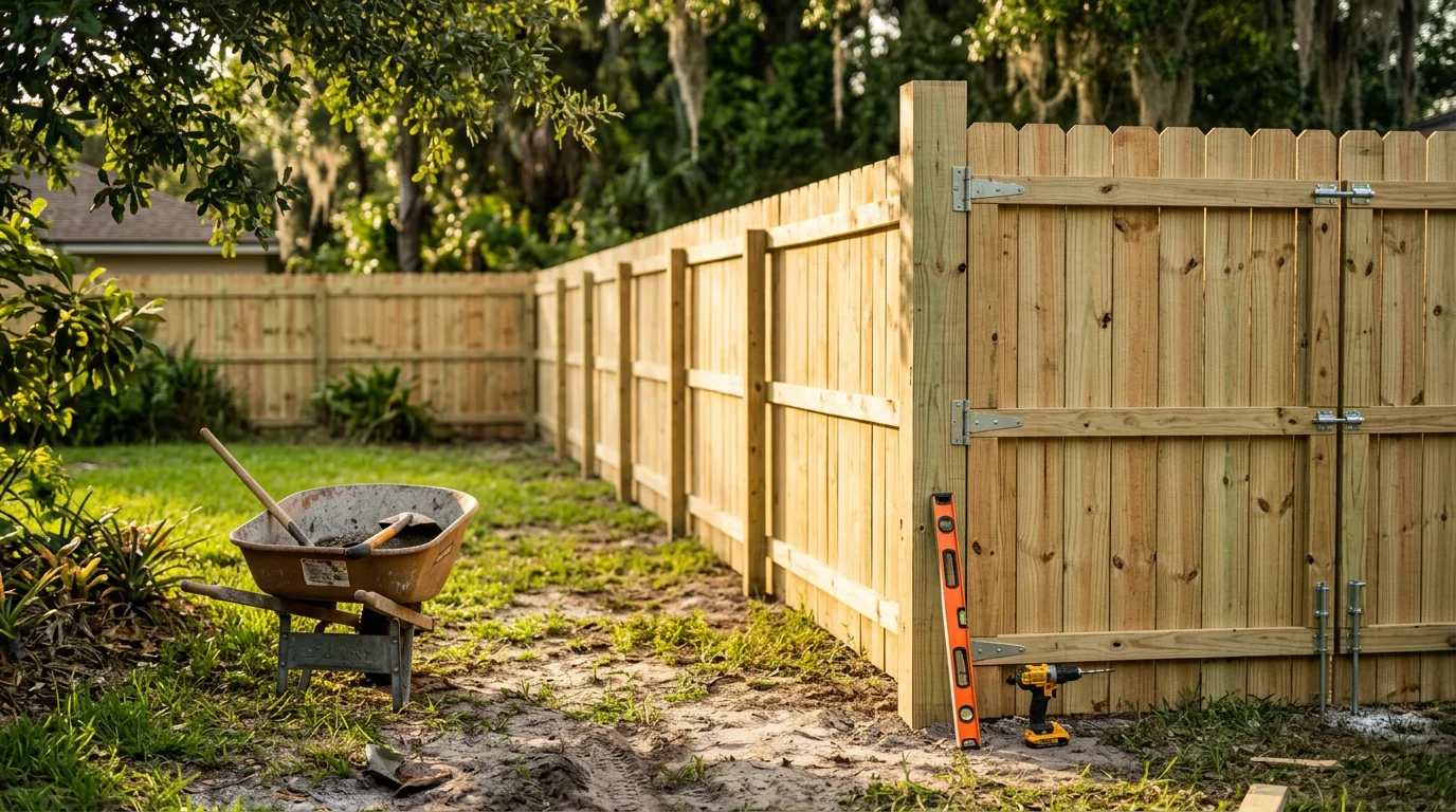A newly installed wood privacy fence along the backyard of a residential home in Jacksonville, Florida, with a neatly kept lawn and mature trees visible behind the fence line. The fence posts are set straight and level, reflecting a clean, professional installation suited to a Duval County neighborhood.