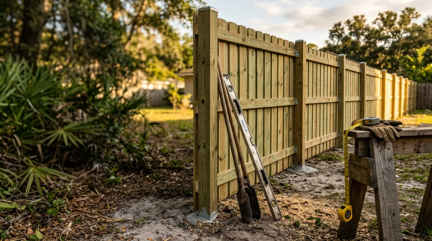 A newly installed privacy fence in a Jacksonville, Florida residential backyard, with green grass and a clear blue sky visible above the fence line. The fence runs along a property boundary typical of homes in the Jacksonville and Orange Park area.