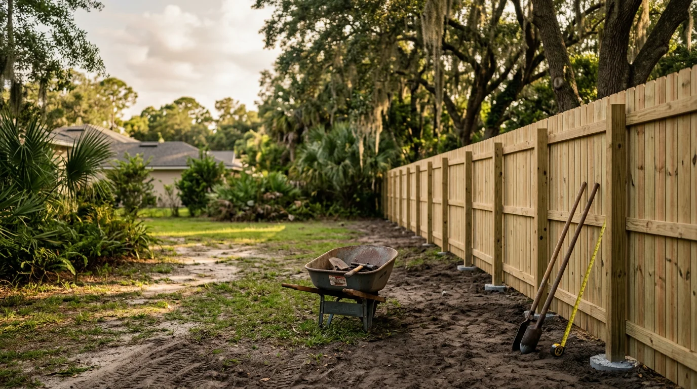 A residential privacy fence installed in a Jacksonville backyard, with green grass and a clear blue Florida sky. The fence runs along the full property line of a single-family home in a suburban neighborhood.