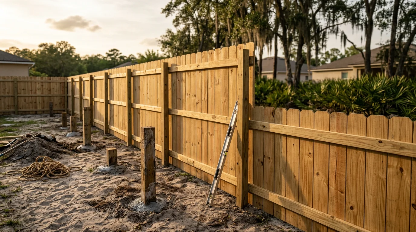 A newly installed wood privacy fence along the backyard property line of a Jacksonville, Florida home, with a clear blue sky and mature trees visible in the background. The fence panels are evenly spaced and set on straight posts, reflecting a clean residential installation typical of neighborhoods across Duval County.