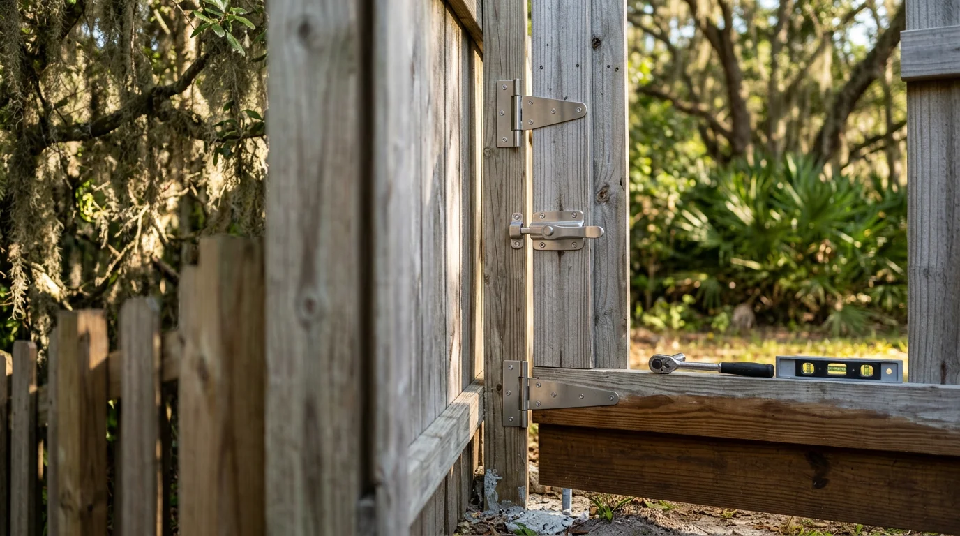 A newly installed wooden fence door with a metal latch on a residential property in Jacksonville, Florida. The door is set flush with a privacy fence line in a backyard with green grass visible through the opening.