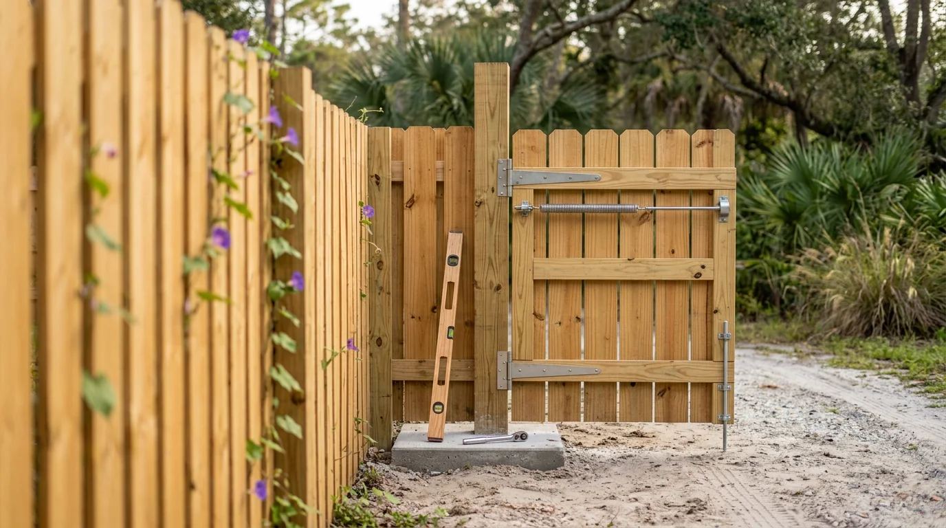 A newly installed wooden fence gate with metal hardware in a residential backyard in Jacksonville, Florida. The gate is set level with the fence line and latched closed, with a green lawn and Florida-style home visible in the background.