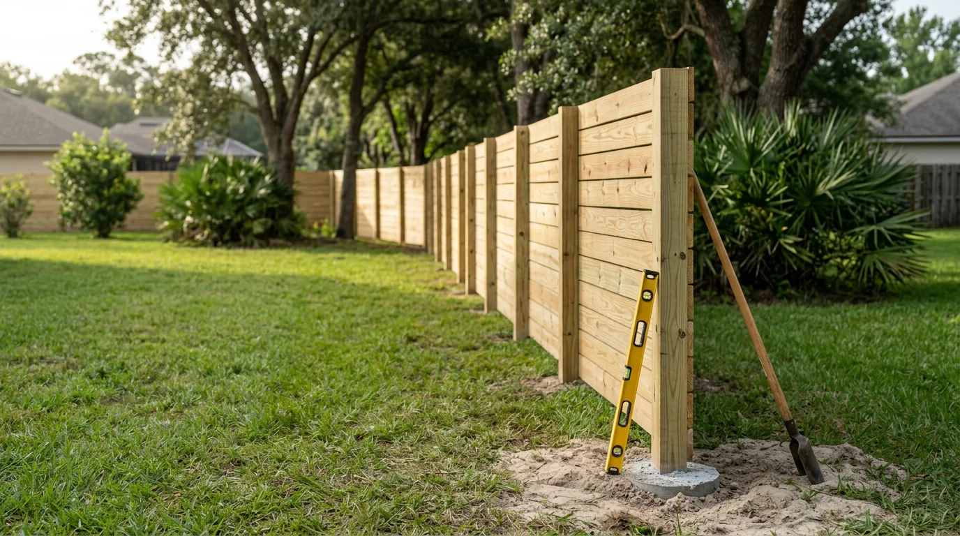 A newly installed wood privacy fence along the backyard of a residential home in Jacksonville, Florida, with green grass and a clear blue sky visible above the fence line.