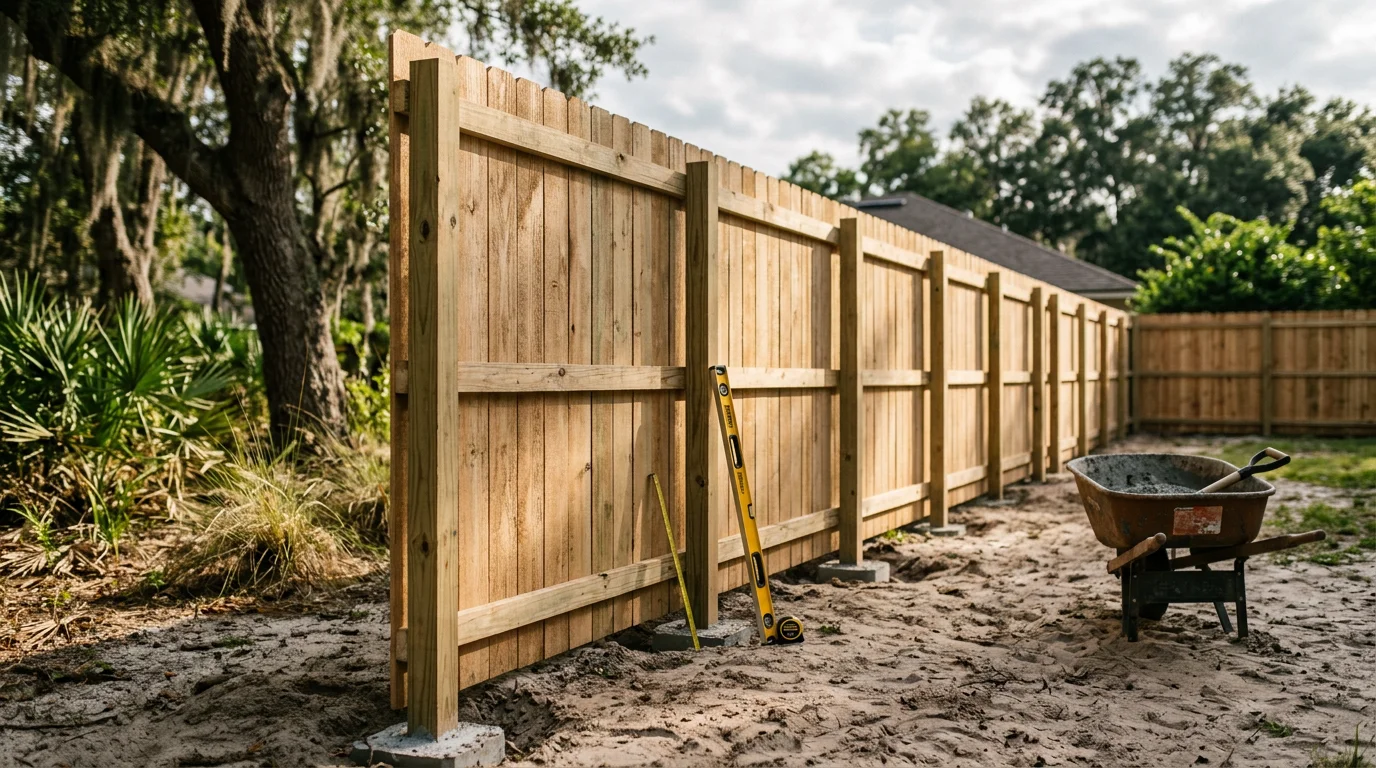 A newly installed wooden privacy fence along the backyard of a residential home in Jacksonville, Florida, with green grass and mature trees visible in the background. The fence posts are set straight and level on a clear, sunny North Florida day.