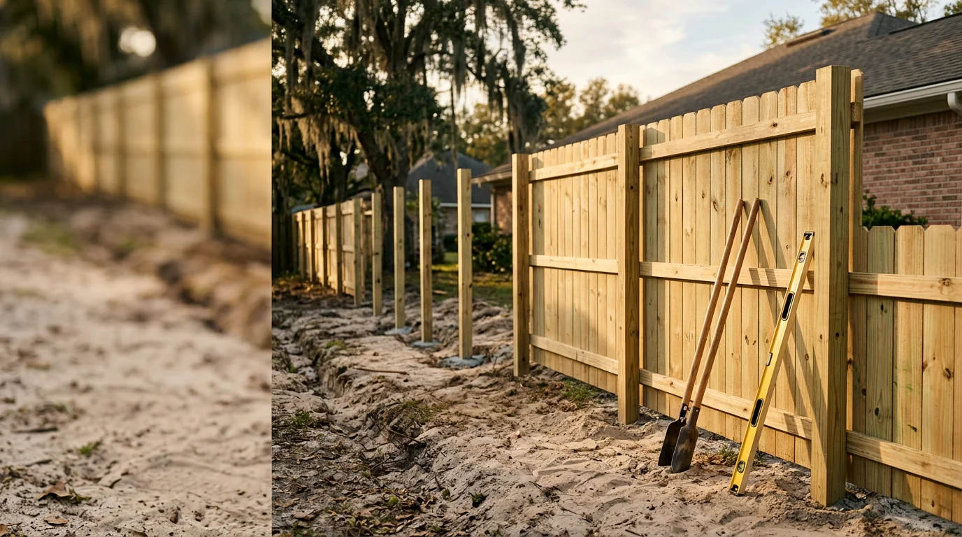 A newly installed wood privacy fence along the backyard of a residential home in Jacksonville, Florida, with green grass and a clear blue sky visible above the fence line.