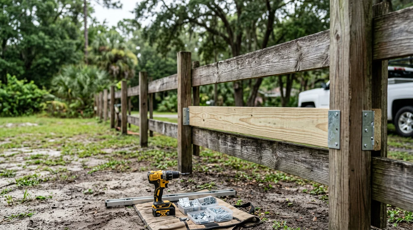 A repaired wooden fence rail running between two posts in a Jacksonville backyard, showing a straight, secure connection with no visible warping or gaps. The surrounding yard reflects a typical Northeast Florida residential property.