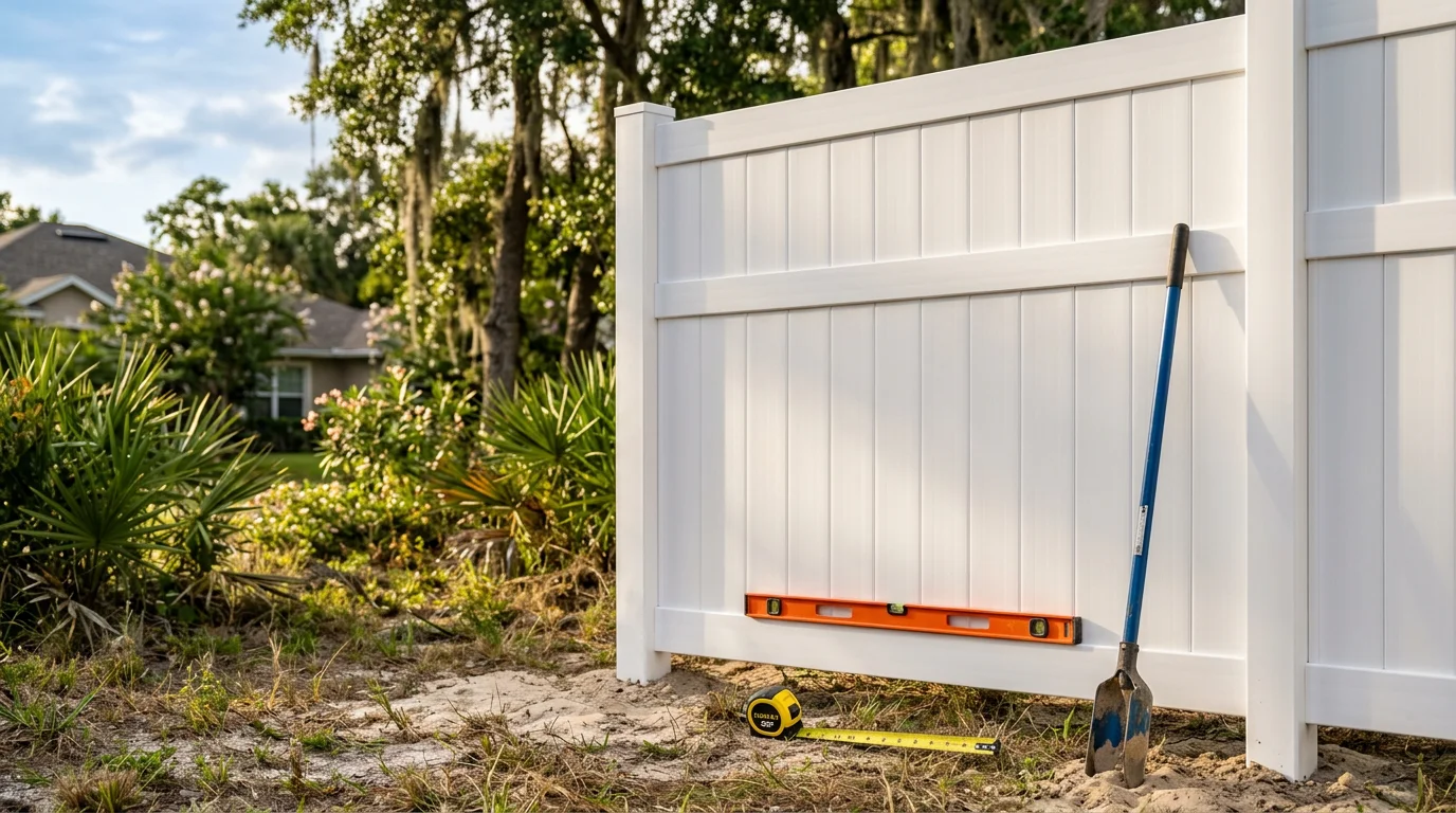 A white vinyl privacy fence installed along the backyard of a residential home in Jacksonville, Florida. The fence panels are clean and evenly aligned, with a lush green lawn visible on the property side.