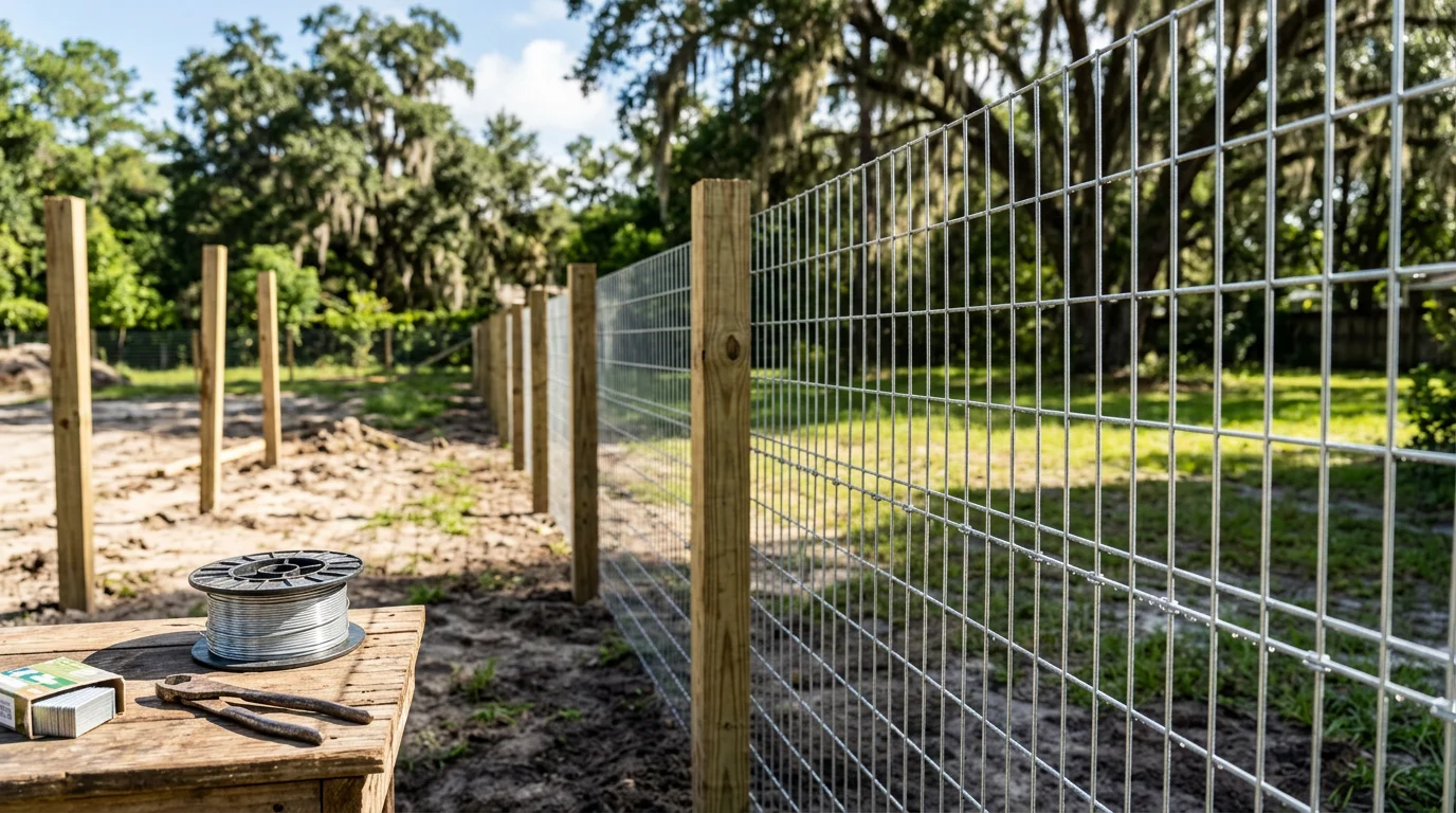 Galvanized welded wire fence installed along a residential backyard property line in Jacksonville, Florida. The rigid mesh panels run straight and level across a grassy yard under a clear Florida sky.