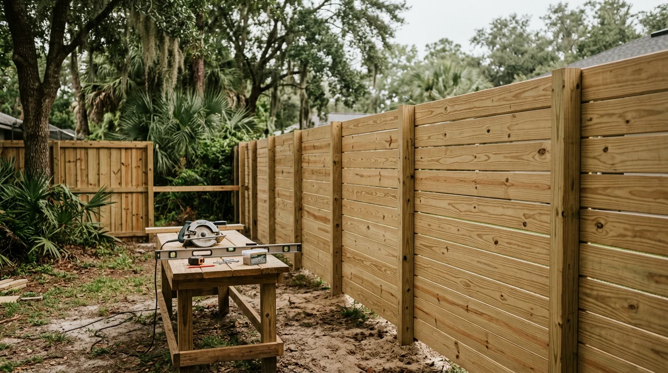 A tall wooden privacy fence installed along the backyard of a residential home in Jacksonville, Florida. The fence runs the full length of the property line with evenly spaced boards and sturdy posts set in the ground.