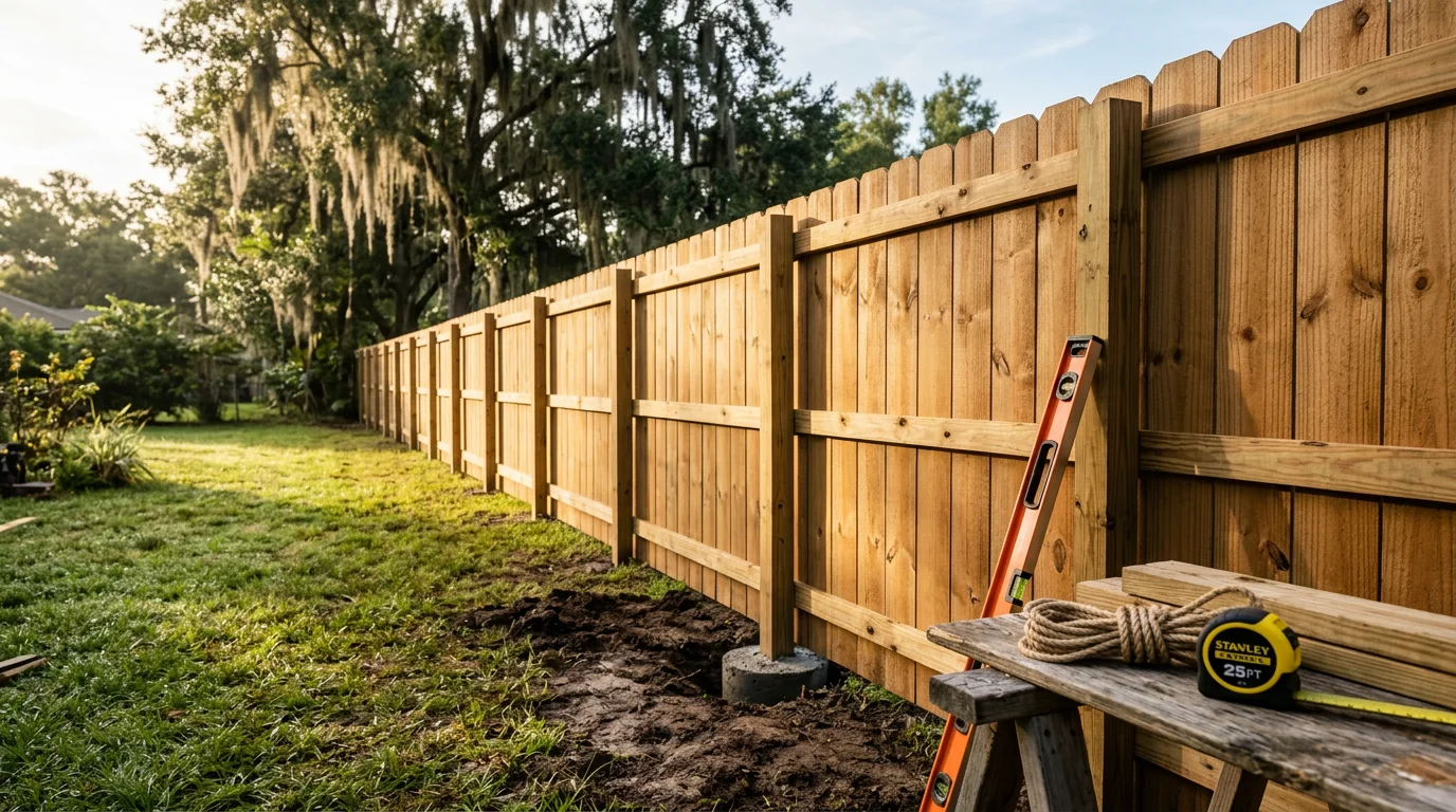 A newly installed residential privacy fence in a Jacksonville, Florida backyard, with clean post lines and a latched gate visible against a clear Florida sky. The fence surrounds a green lawn in a neighborhood typical of the Mandarin and Orange Park areas.