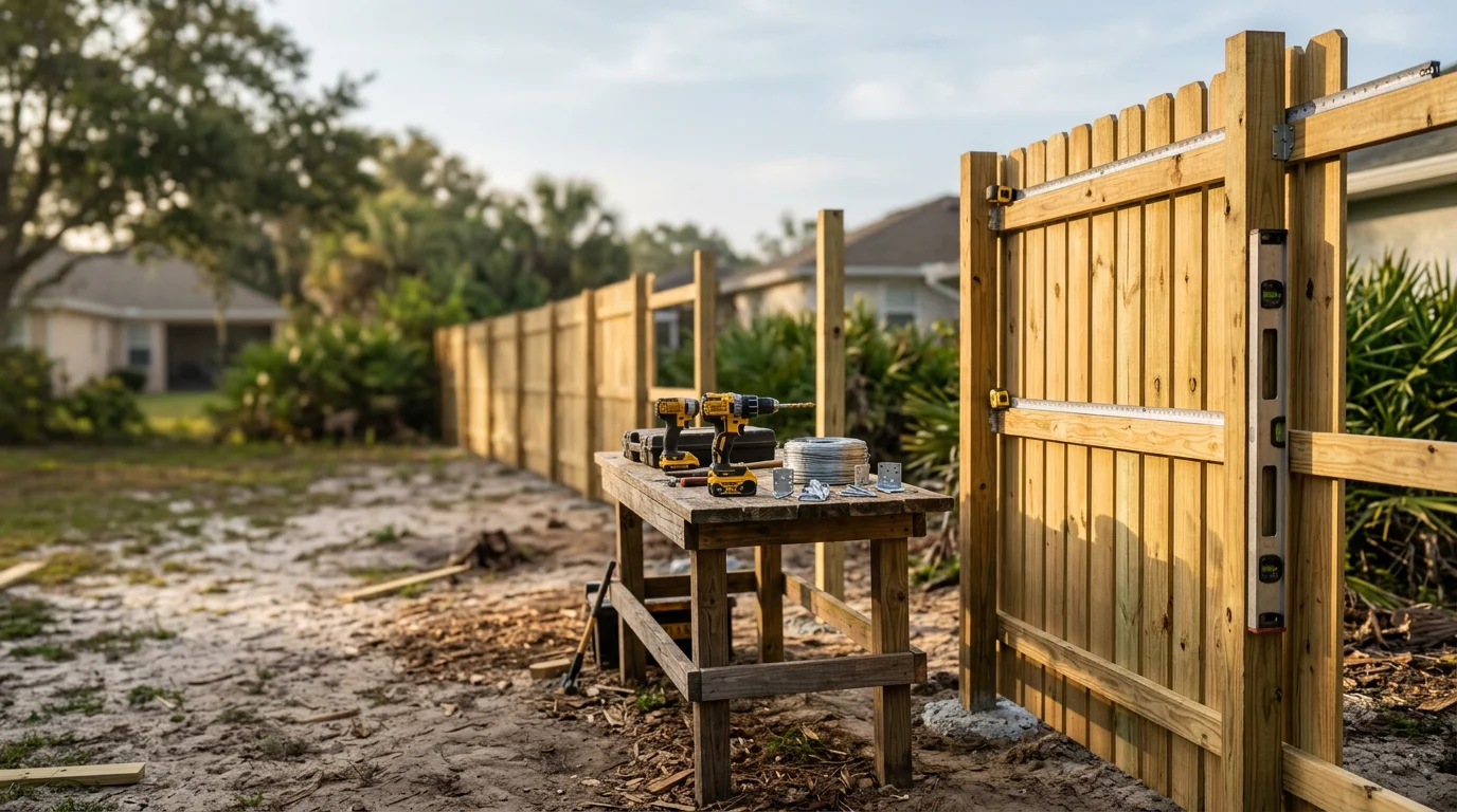 A freshly installed residential fence in a Jacksonville, Florida backyard, with green grass and a clear blue sky visible behind the fencing. The fence line runs along a property boundary in a Duval County neighborhood.