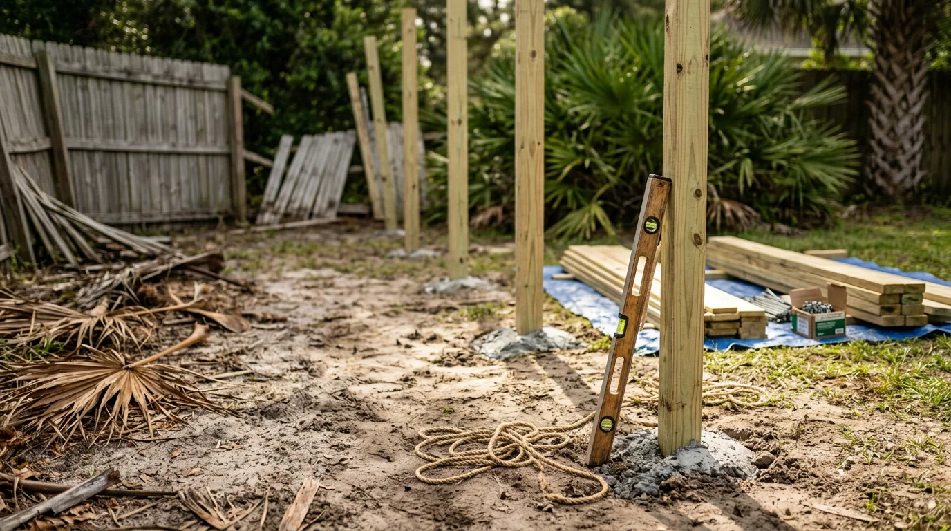 A newly installed wooden privacy fence along the backyard of a residential home in Jacksonville, Florida. The fence line runs straight across a green lawn with a clear blue sky overhead.
