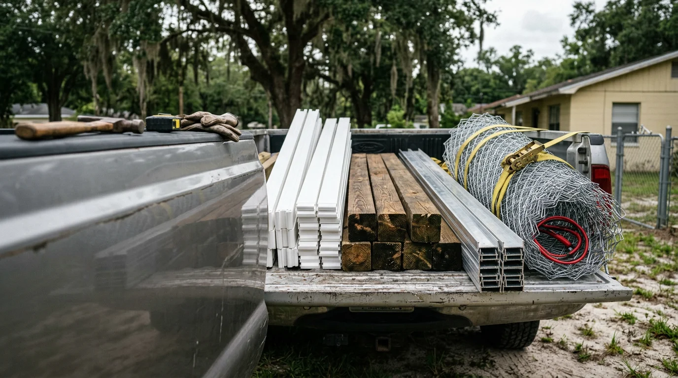 A residential fence installation in Jacksonville, Florida showing a clean aluminum picket fence along a suburban property line with mature Florida landscaping in the background. The open-picket design and powder-coated finish reflect material choices suited to the area's humidity and storm season.