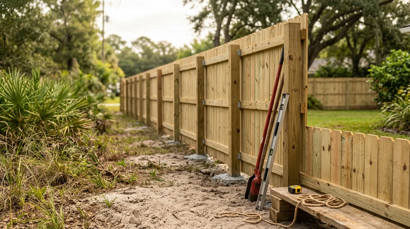 A completed residential fence project in Jacksonville, Florida, showing a sturdy perimeter fence installed along a property boundary in a neighborhood setting. The fence stands against a backdrop of mature Florida trees and a clear blue sky.
