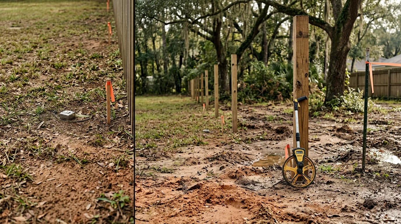 An H&W Fence Co team member reviewing a residential property lot line with a homeowner in Jacksonville, Florida, during a free on-site fence estimate visit. A wood privacy fence runs along the backyard in the background under a clear Florida sky.
