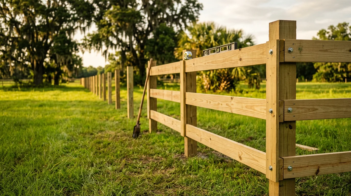 A post-and-rail horse fence installed along a green pasture in Jacksonville, Florida, with clear blue sky and flat rural terrain visible in the background. The fence runs along a straight property line with evenly spaced posts and wide horizontal rails suited for horse containment.