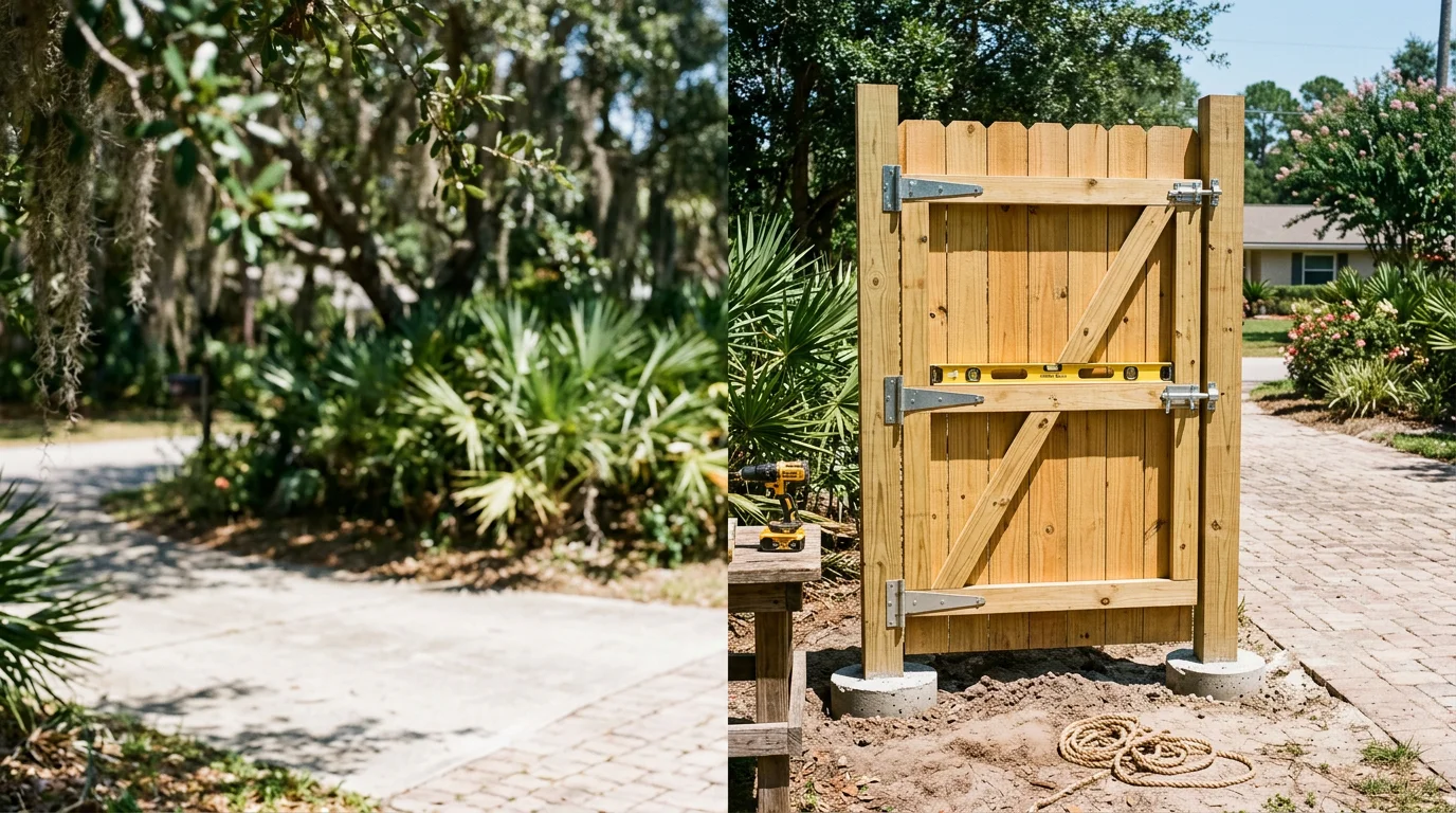 A newly installed residential gate on a Jacksonville property, set between wooden fence posts with a visible latch and hinge hardware. The gate opens to a private backyard with a concrete driveway in the foreground.